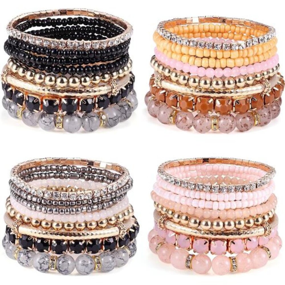 4 Sets Boho Bracelets for Women Multi-Color Layered Stackable Natural Beaded